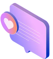 Lila Sprechblase mit Linien und einem Herzsymbol in einem Kreis auf der linken Seite.