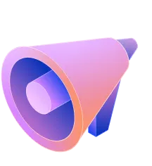 Dreidimensionales Megafon in Lila- und Orangetönen.