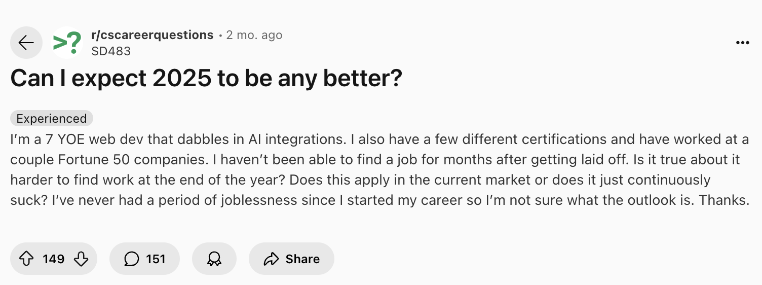 Screenshot of a Reddit post discussing software engineering job market challenges in 2025, with voting and comment metrics.