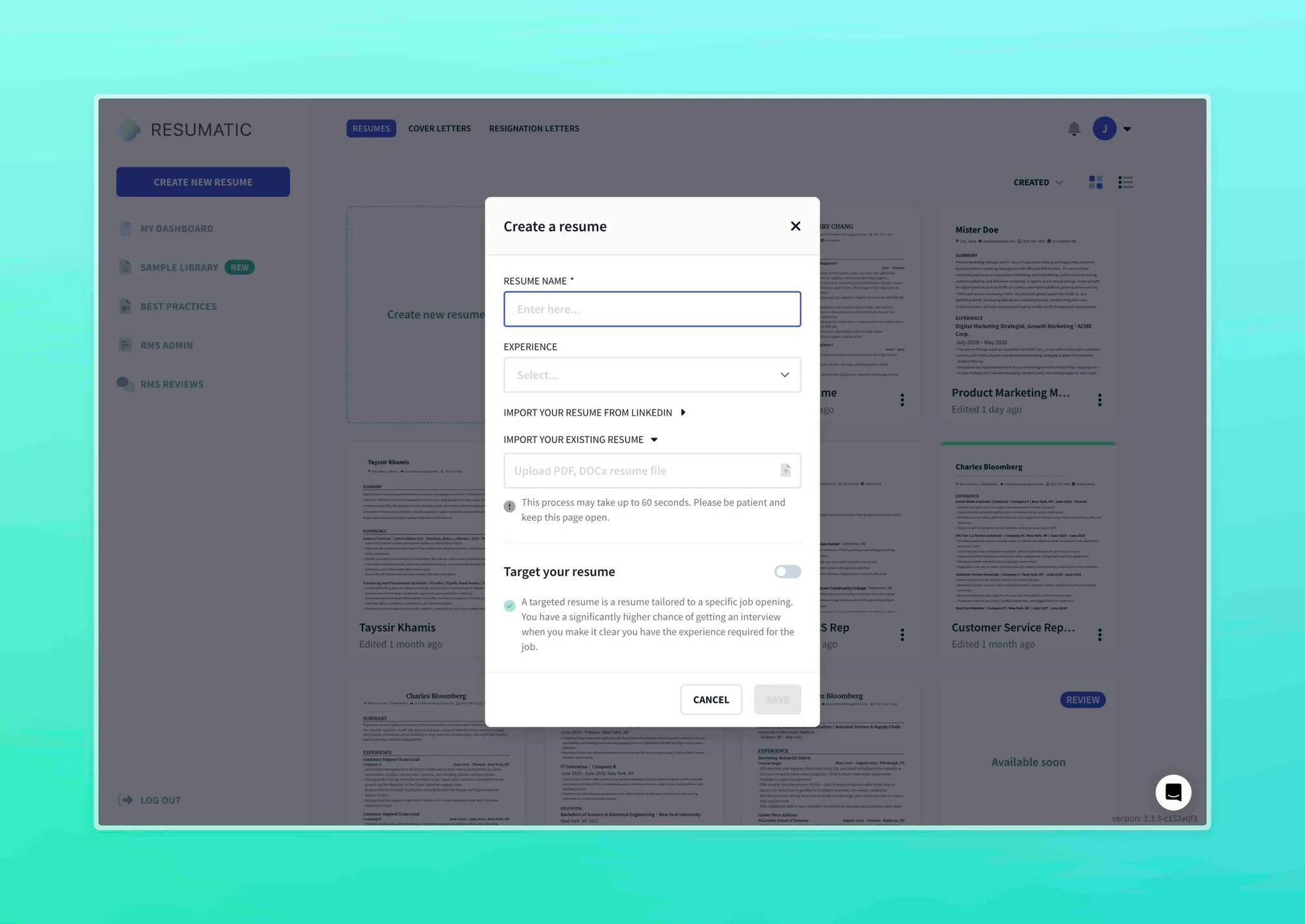 create new resume screen