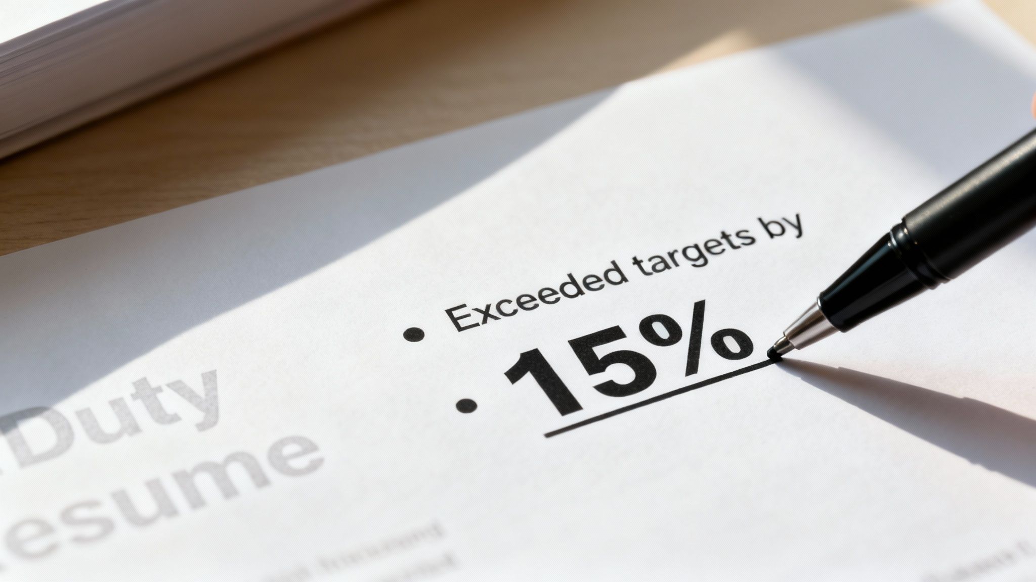 Business report showing exceeded targets by fifteen percent with pen pointing at achievement metric