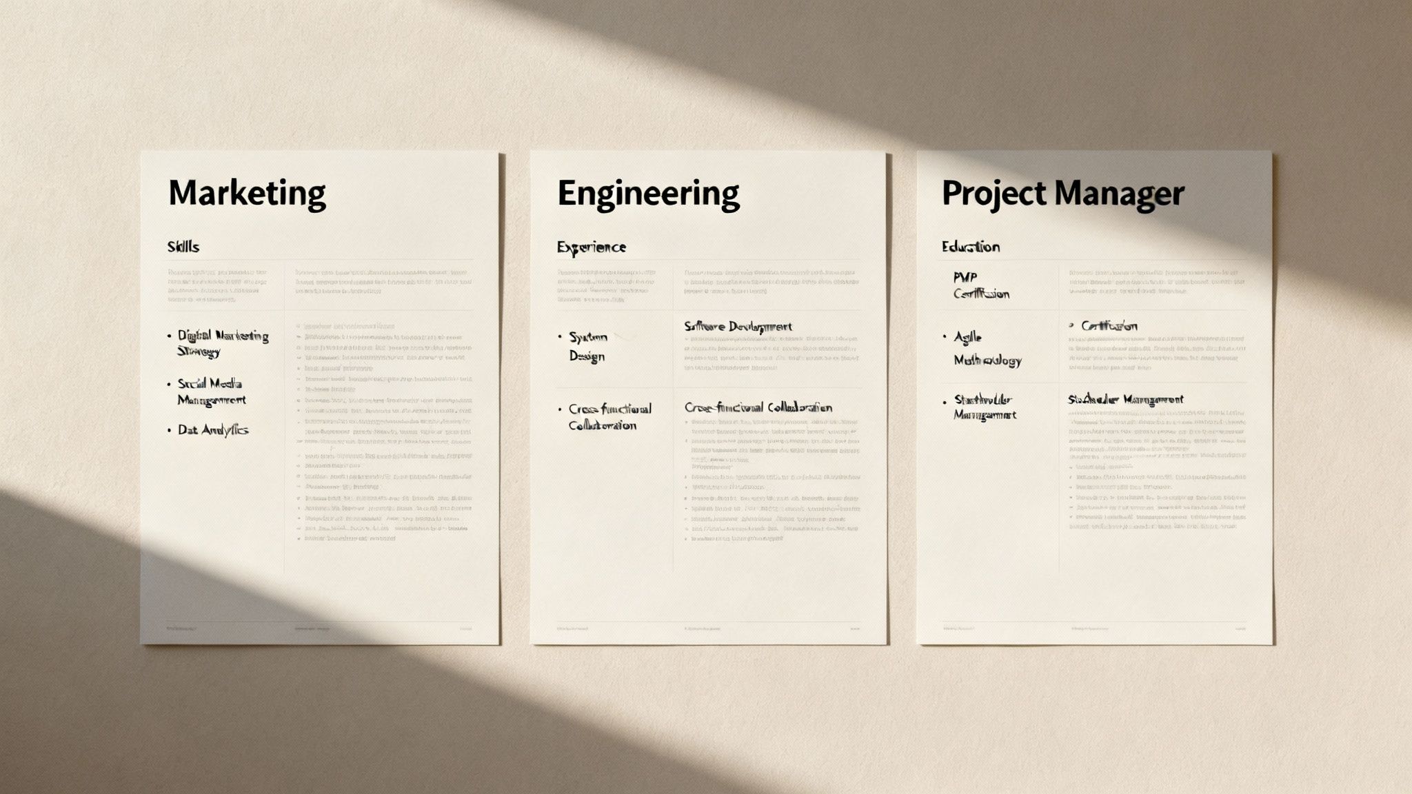 Three professional resume pages displaying marketing skills, engineering experience, and project manager education sections