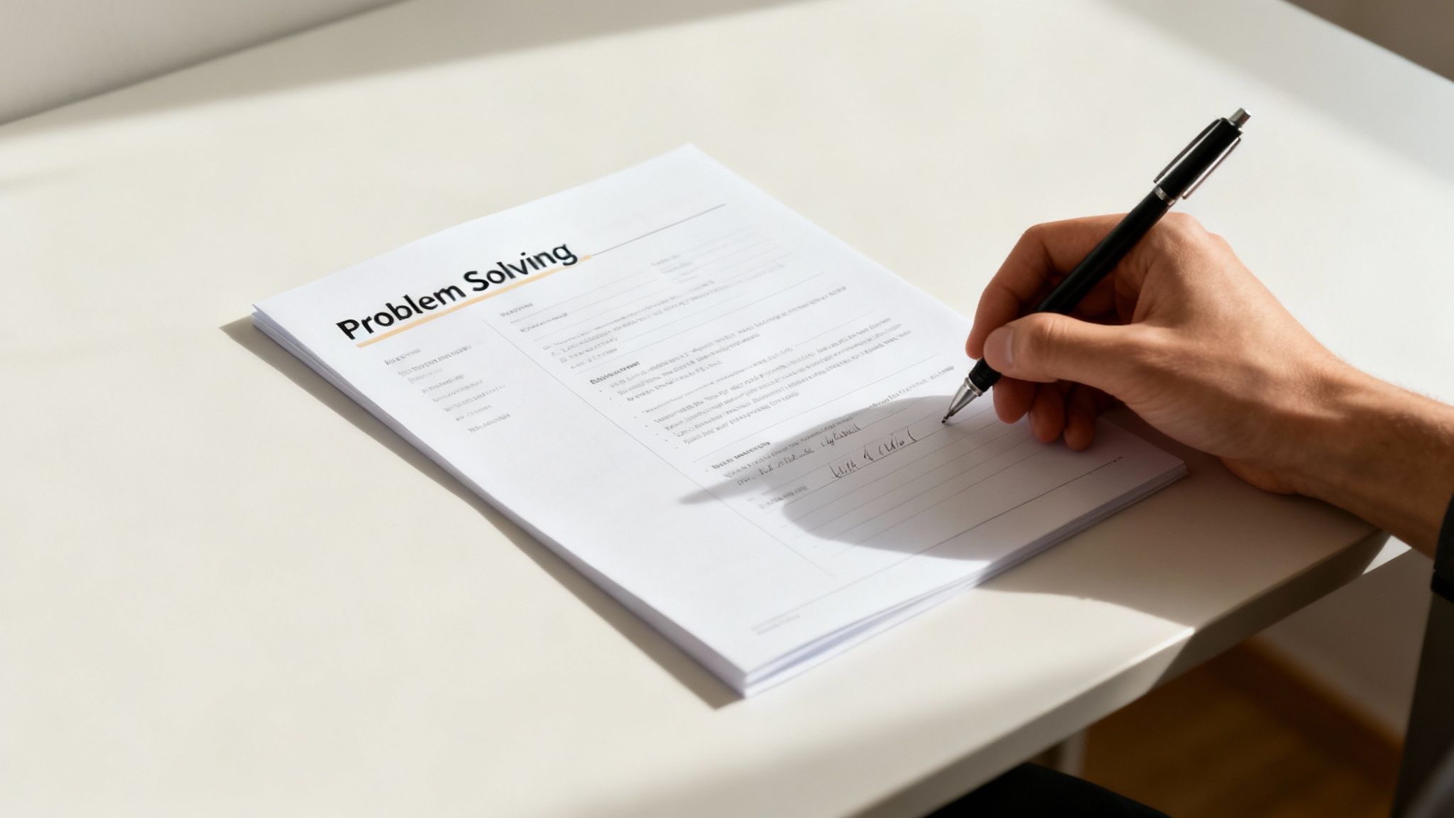 A person's hand writes on a document titled 'Problem Solving' on a white desk, likely a resume or form.