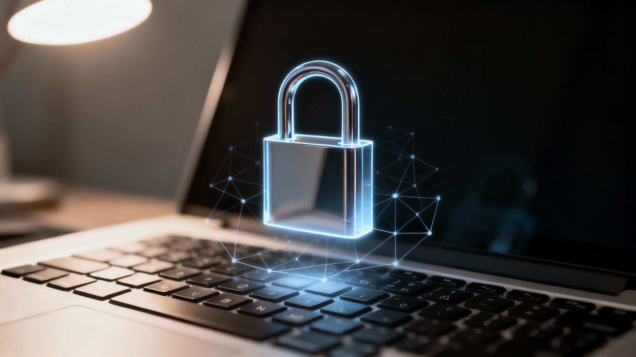 A glowing digital padlock icon with network lines above a laptop, symbolizing cybersecurity.