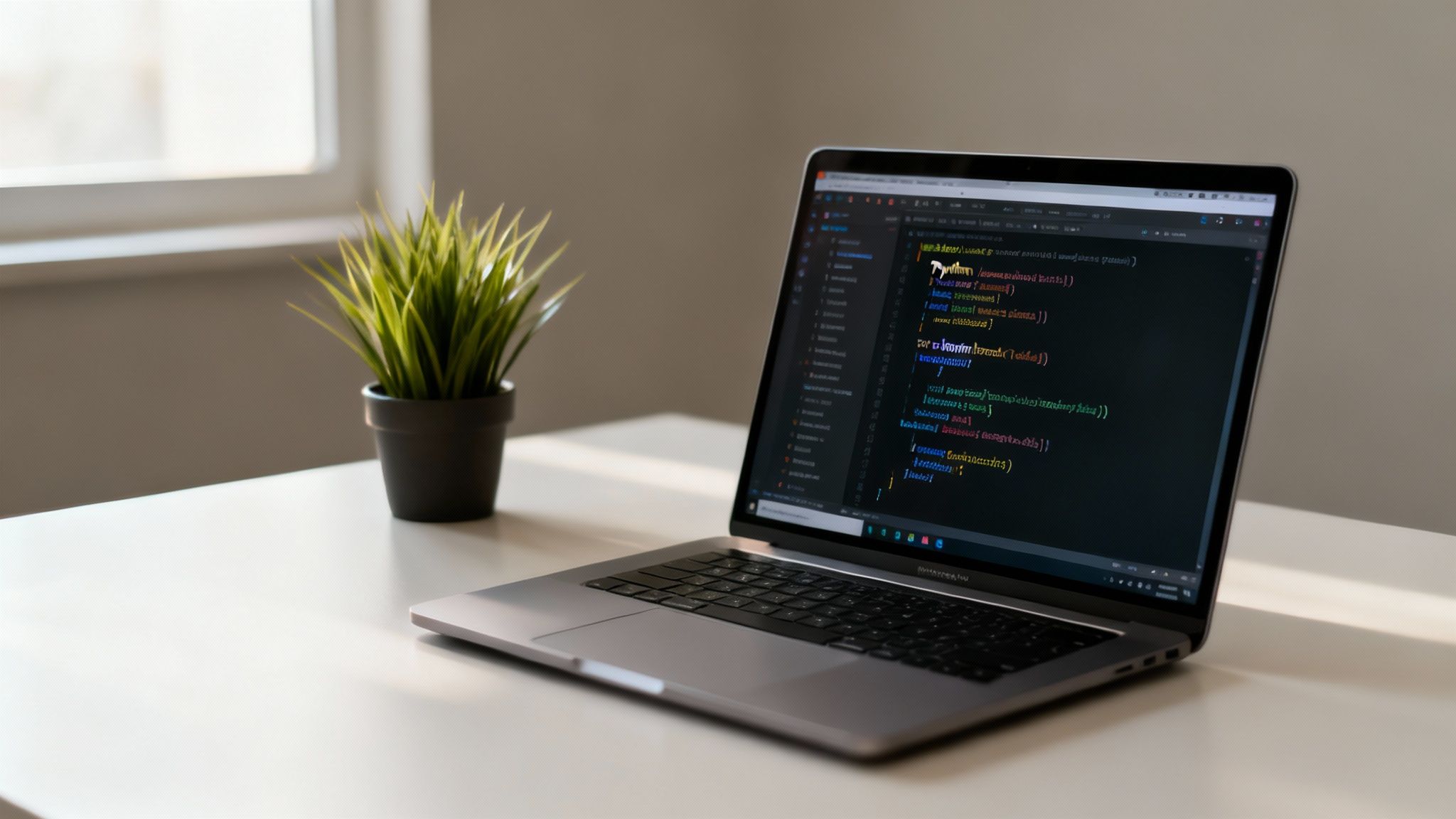 A laptop displaying code on a desk next to a potted plant, with a window in the background.