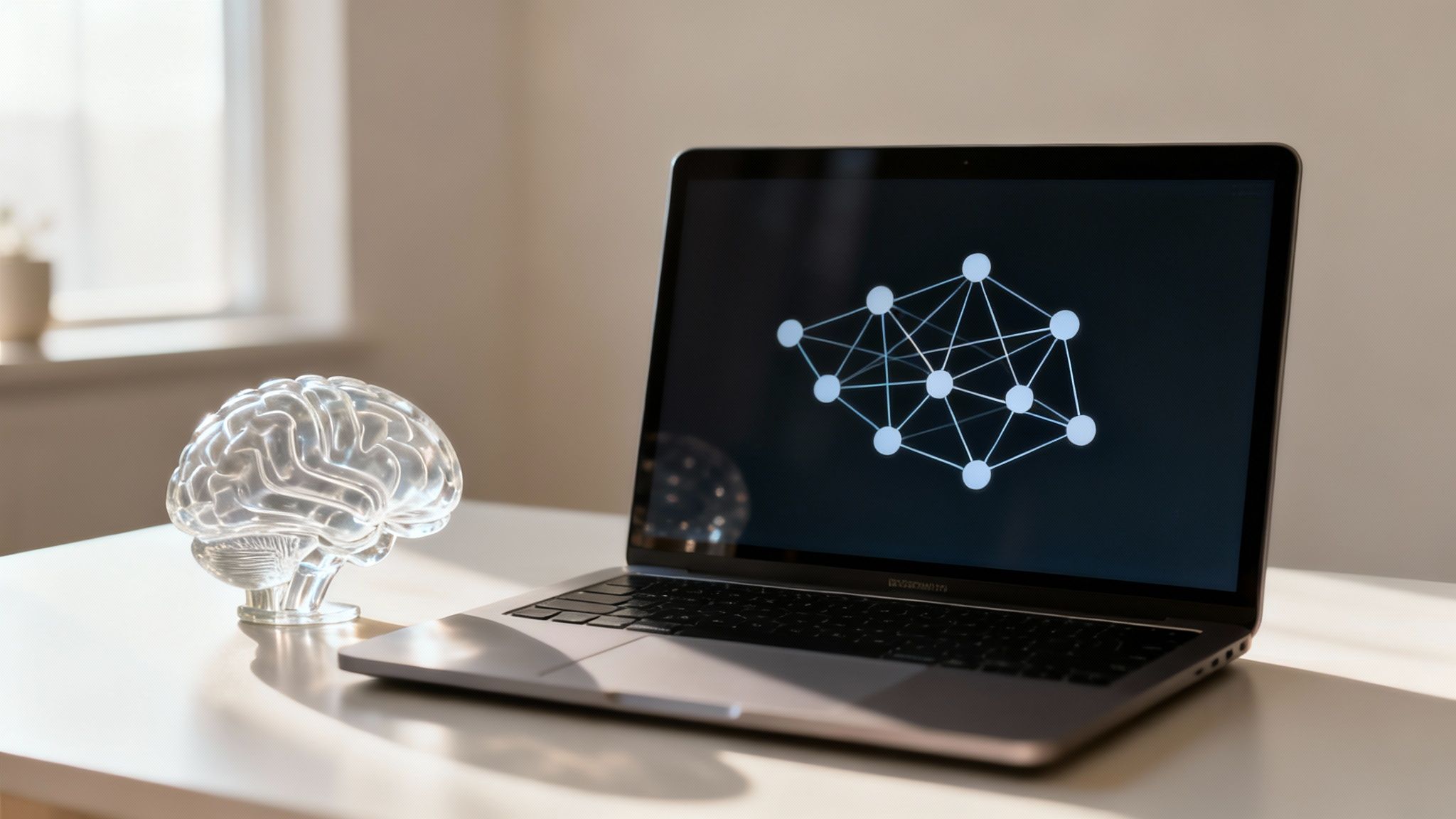 A clear brain model sits beside a laptop displaying a neural network on a bright desk.