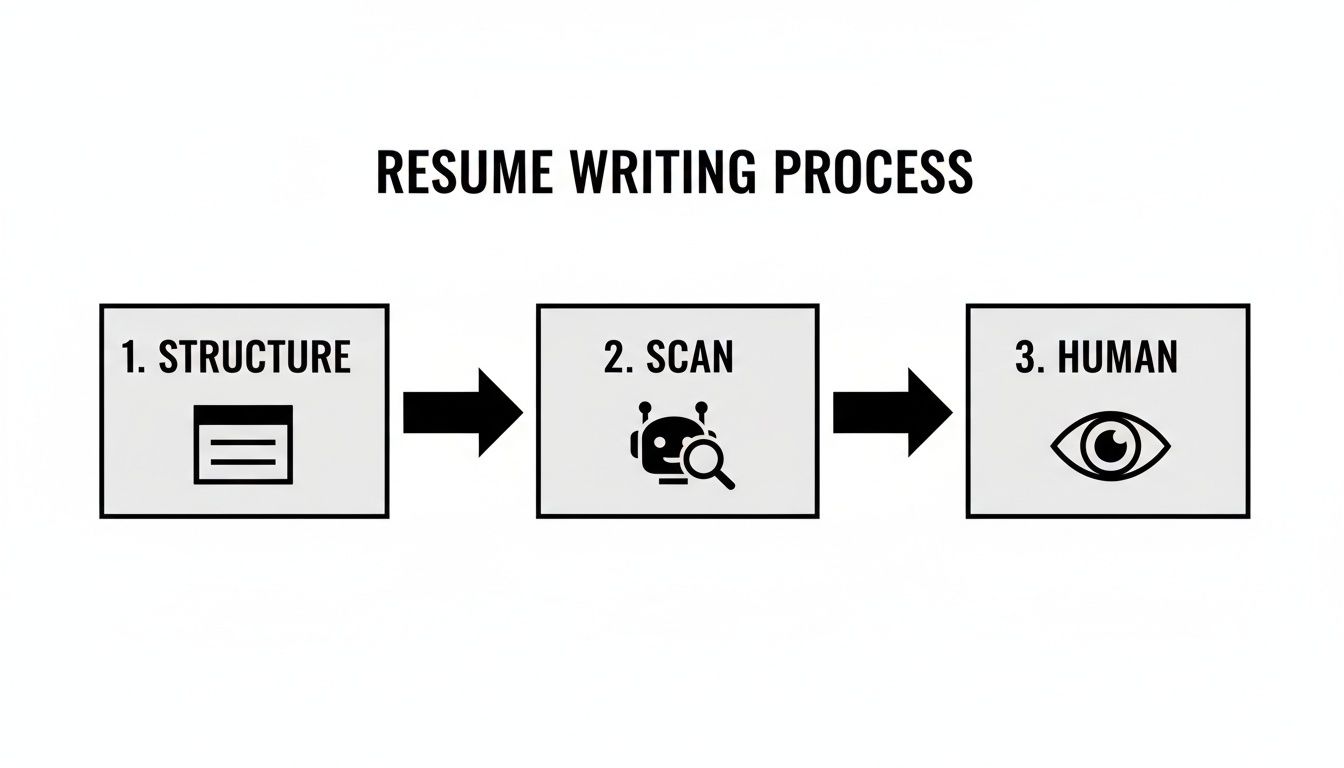 Flowchart showing three steps of the resume writing process: structure, AI scanning, and human review.