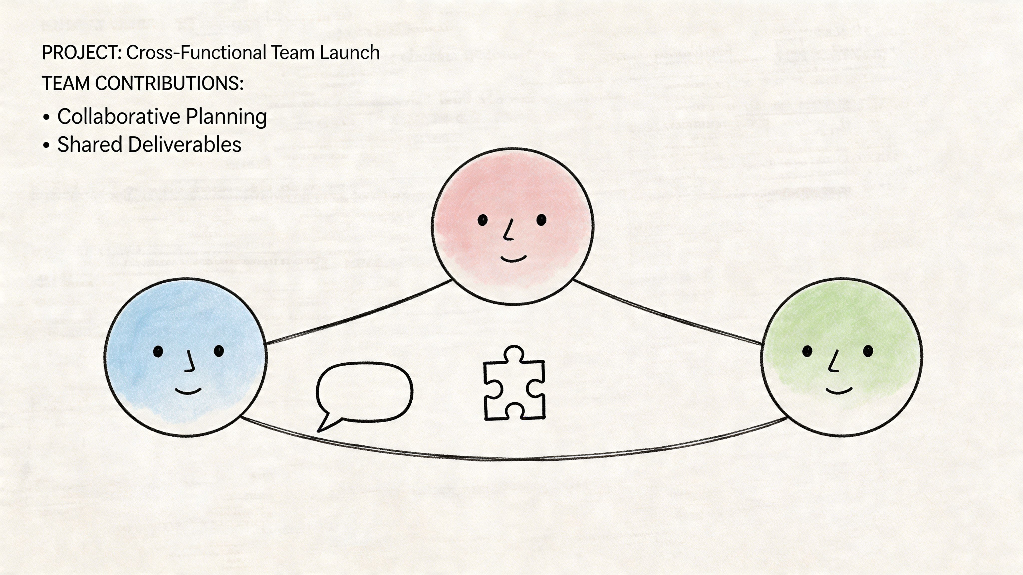 A hand-drawn illustration showing three colored characters connected by lines, symbolizing collaborative team project planning.