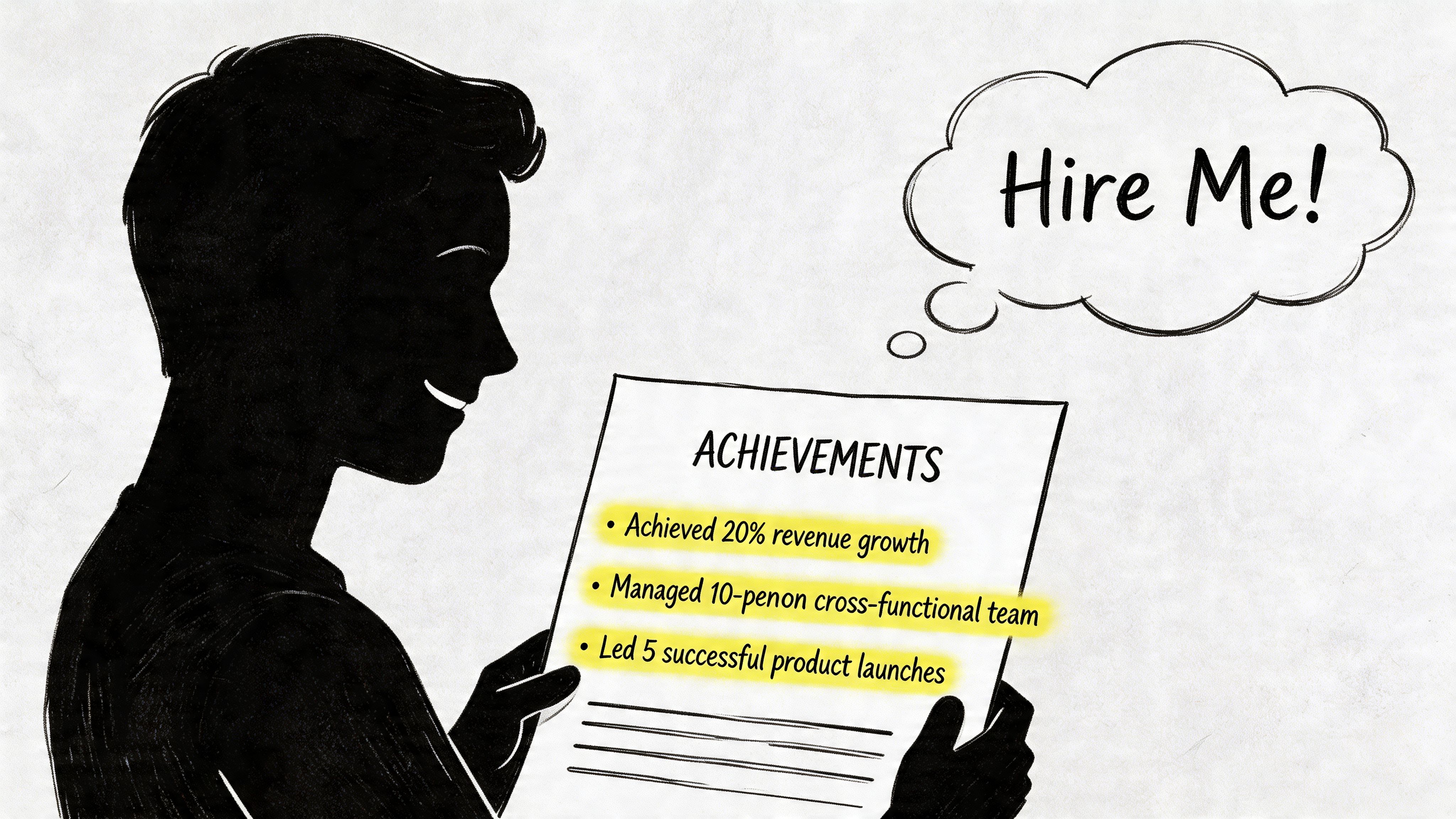 A silhouette of a person looking at a resume with a thought bubble saying Hire Me.