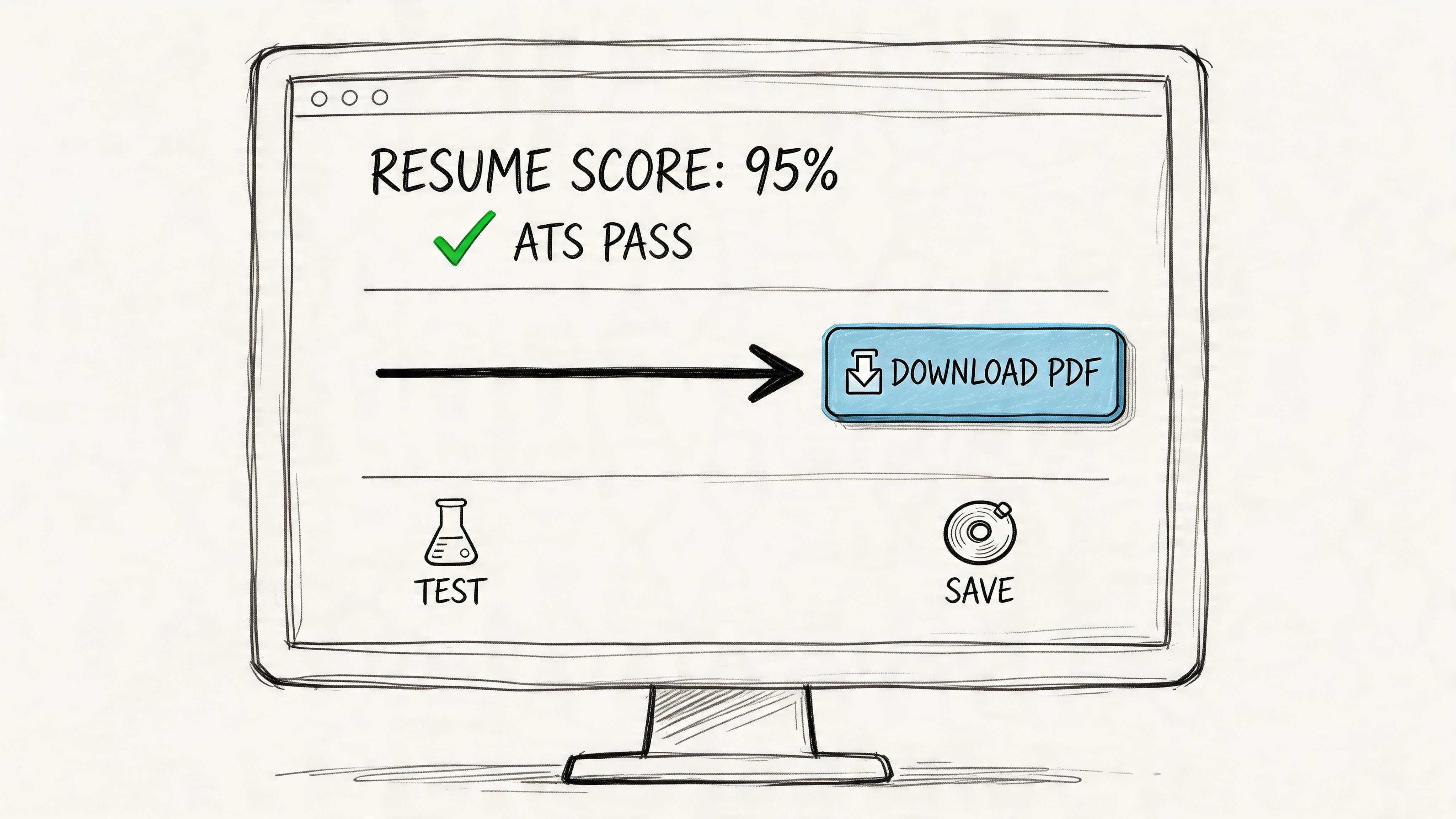 A sketched computer screen showing a resume score of 95% with a download PDF button.