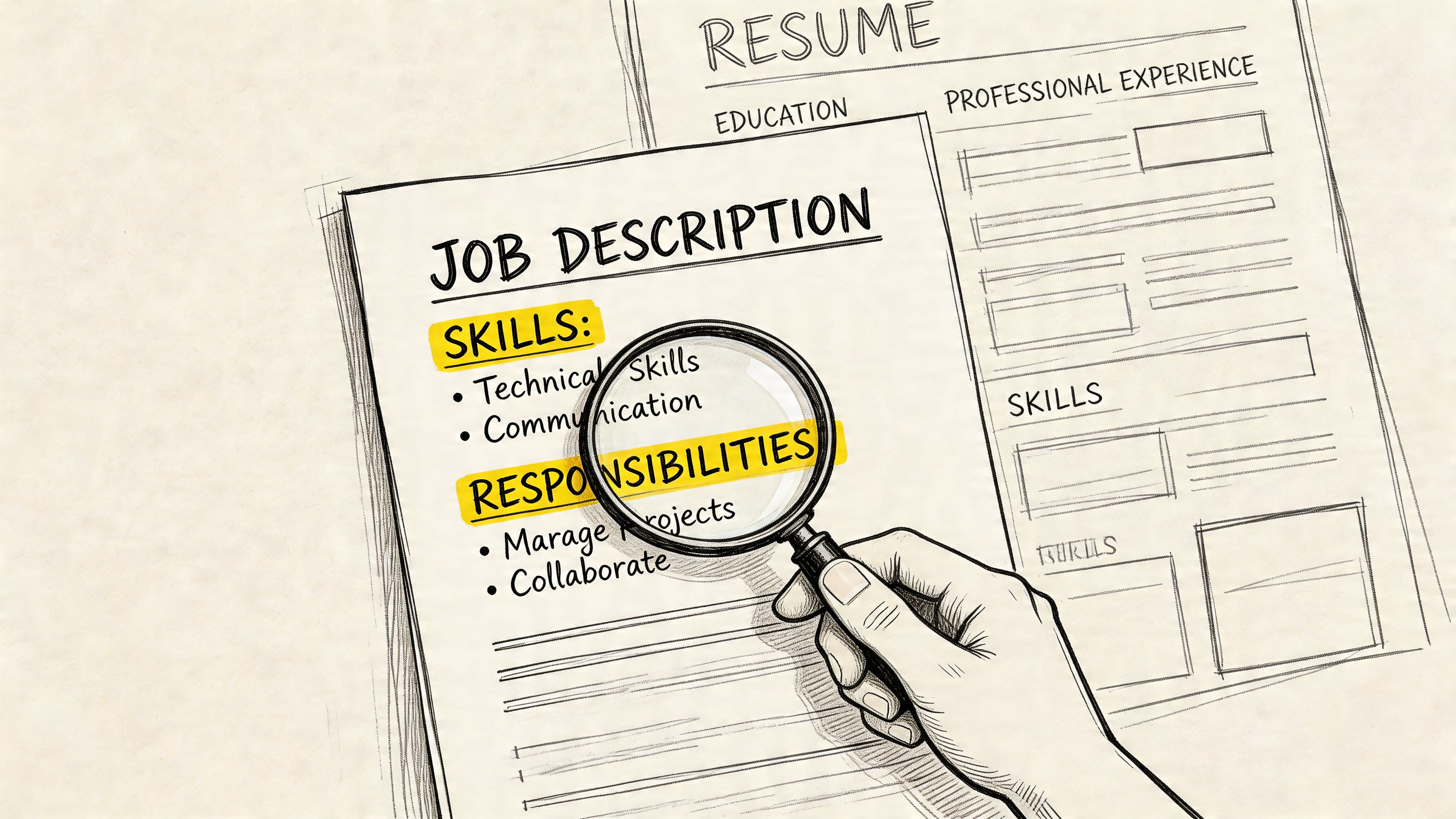 A hand holding a magnifying glass over a job description to highlight skills and responsibilities for employment.