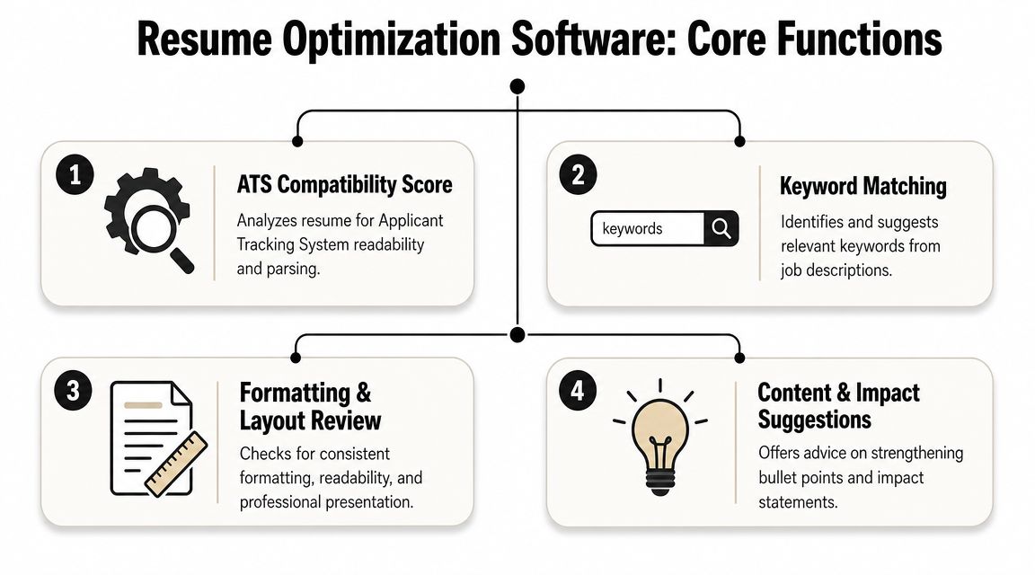 A diagram outlining the four core functions of resume optimization software, including ATS scoring and content advice.