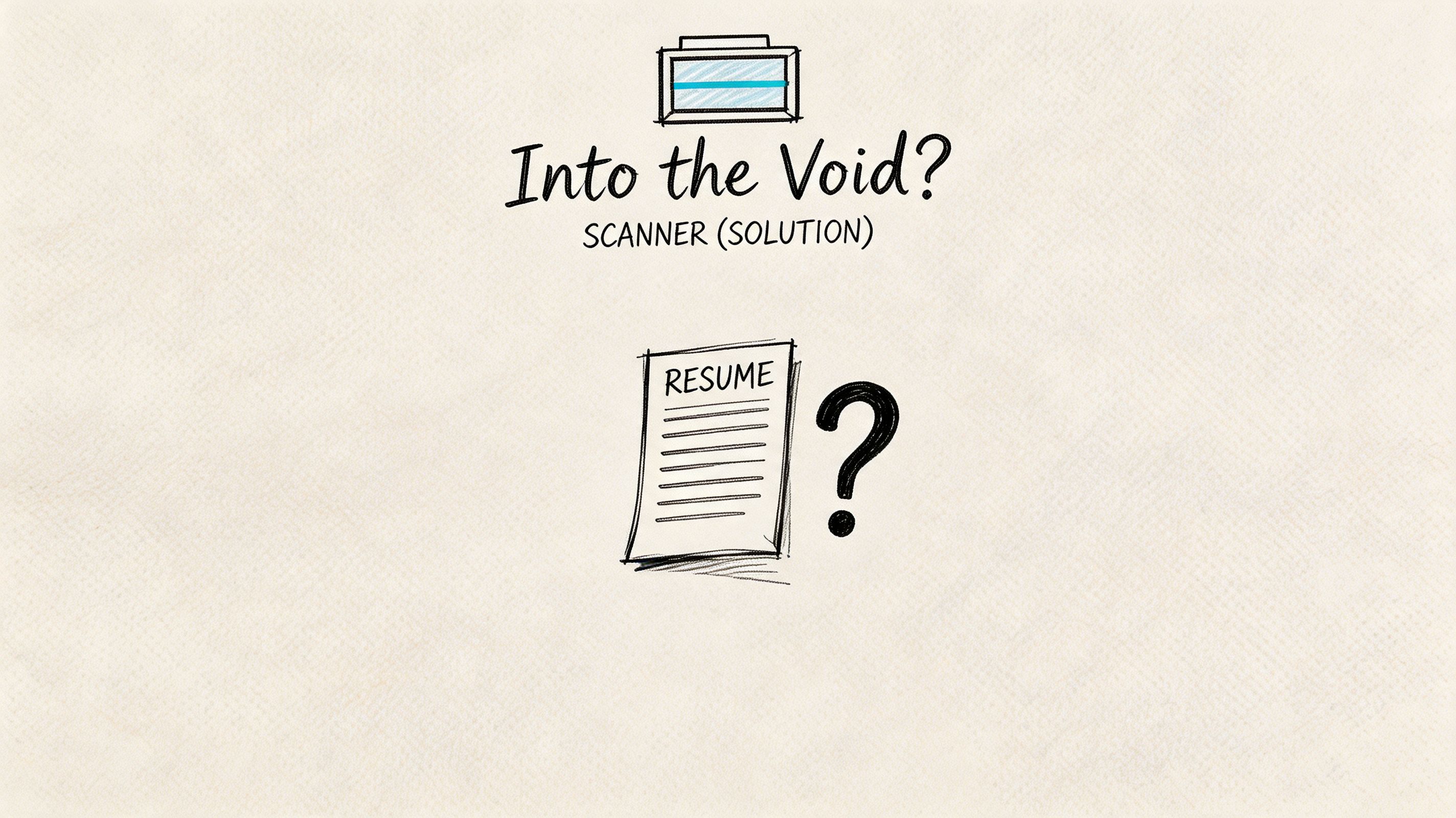 A hand-drawn illustration showing a document labeled resume being scanned by a scanner, posing a question.