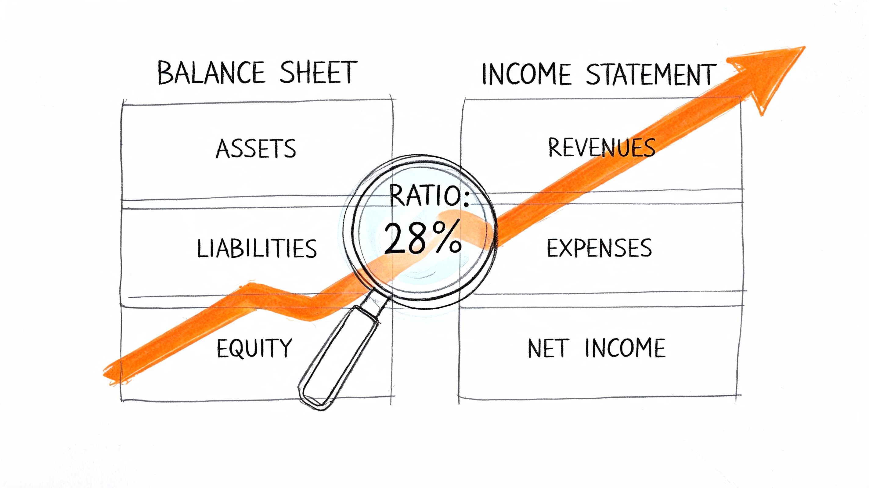 A hand-drawn illustration showing a magnifying glass analyzing financial ratios between a balance sheet and income statement.