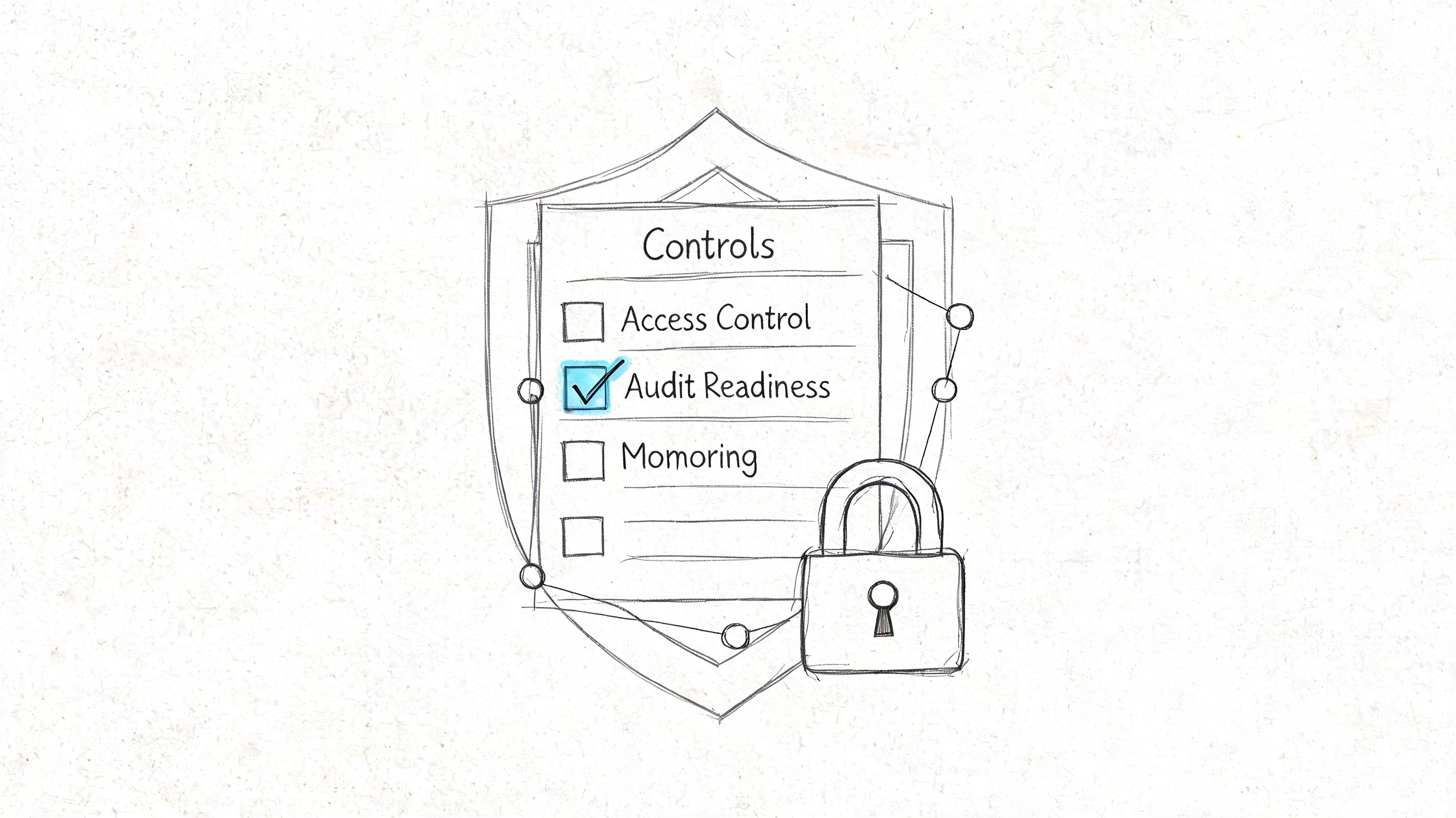 A hand-drawn sketch of a shield icon containing a checklist of controls with audit readiness checked.