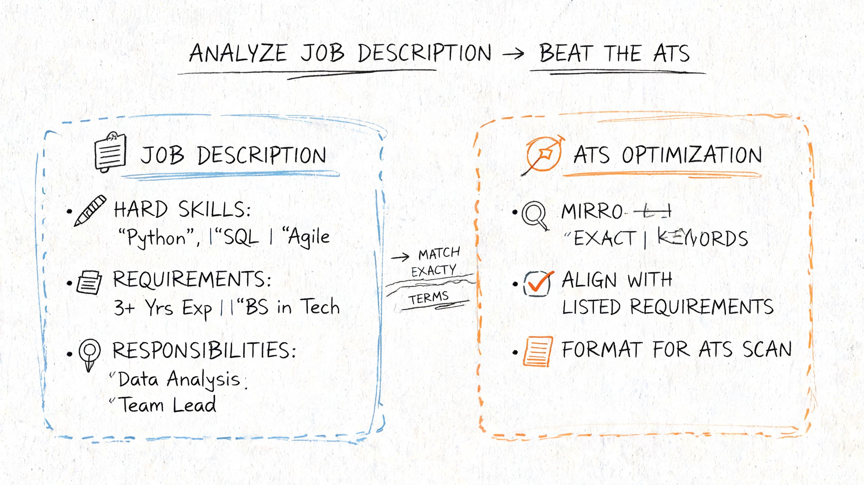 A hand-drawn infographic showing how to analyze job descriptions to optimize a resume for ATS systems.