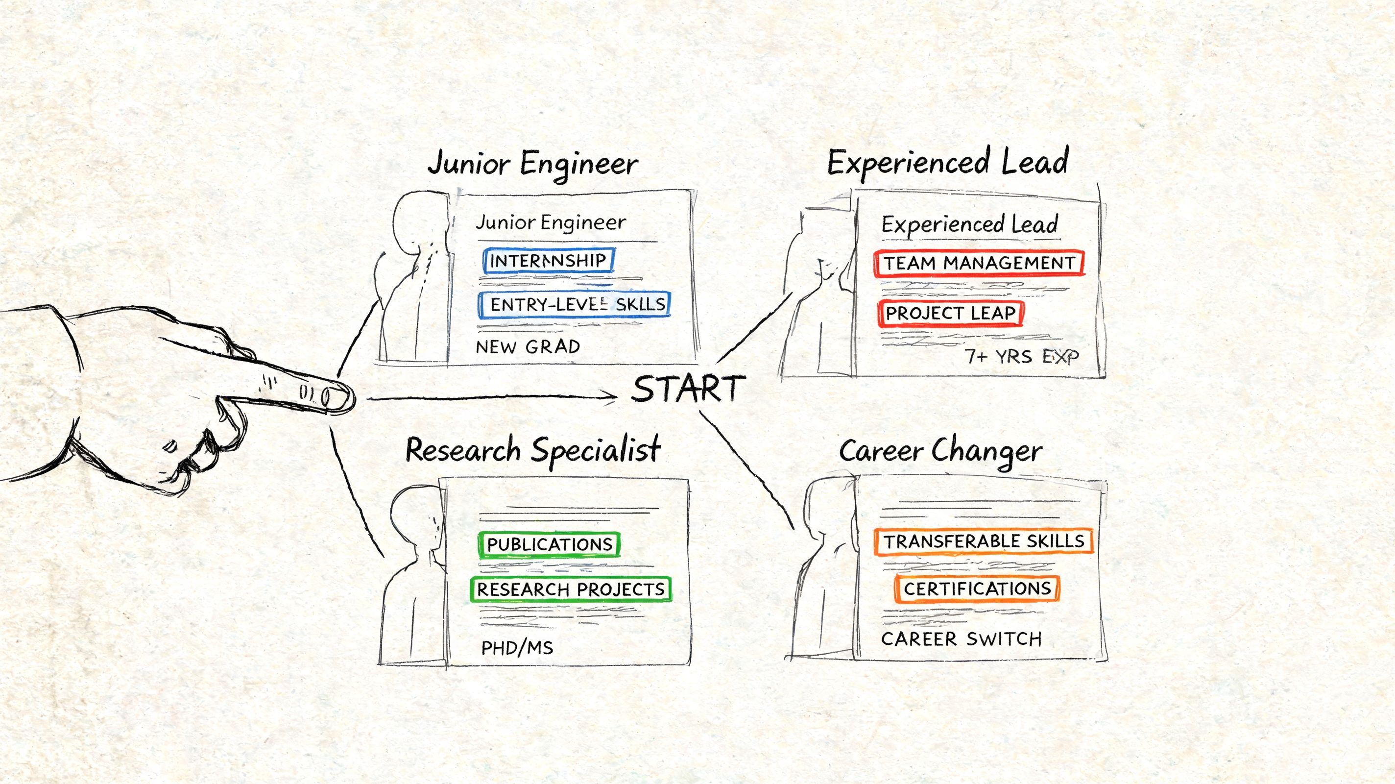 A hand pointing to a career map chart showing resume formats for different engineering professional pathways.