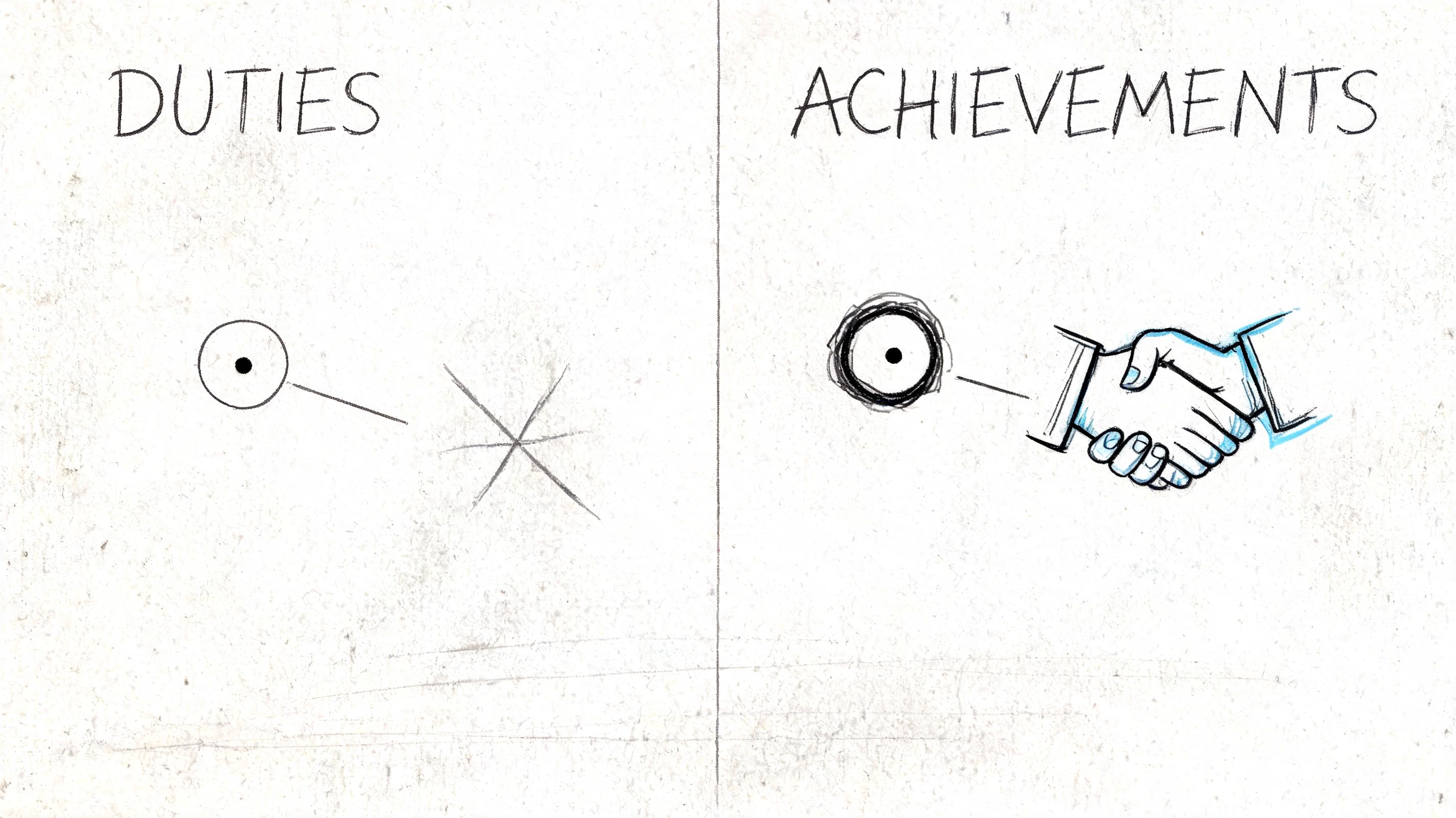 A hand-drawn illustration comparing simple job duties with impactful professional achievements using a handshake icon.
