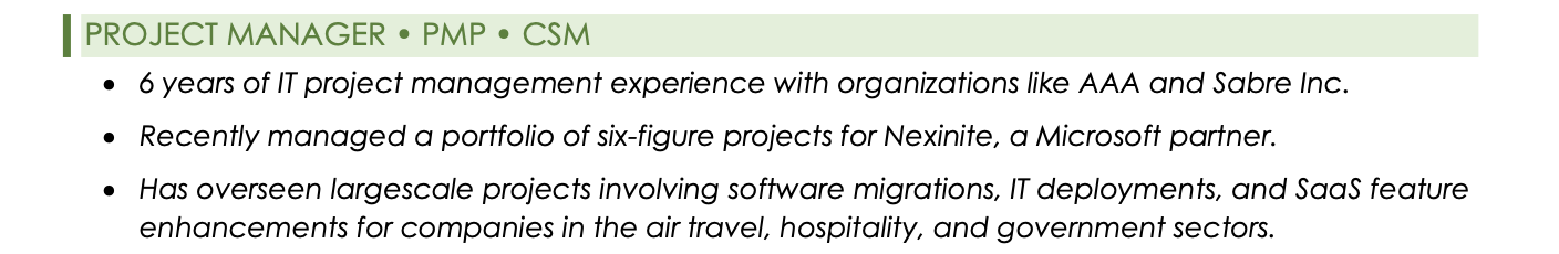 Example Project Manager and PMP Summary