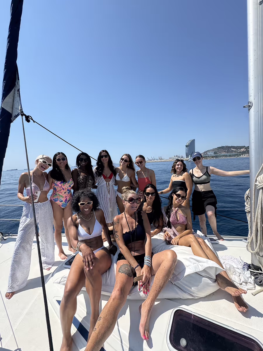 Group of girls on a private sailboat for a bachelorette party in Barcelona