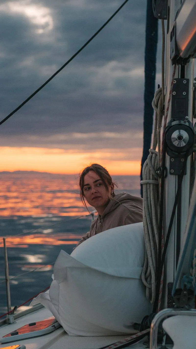 “Couple sunbathing on sailboat with city skyline behind”