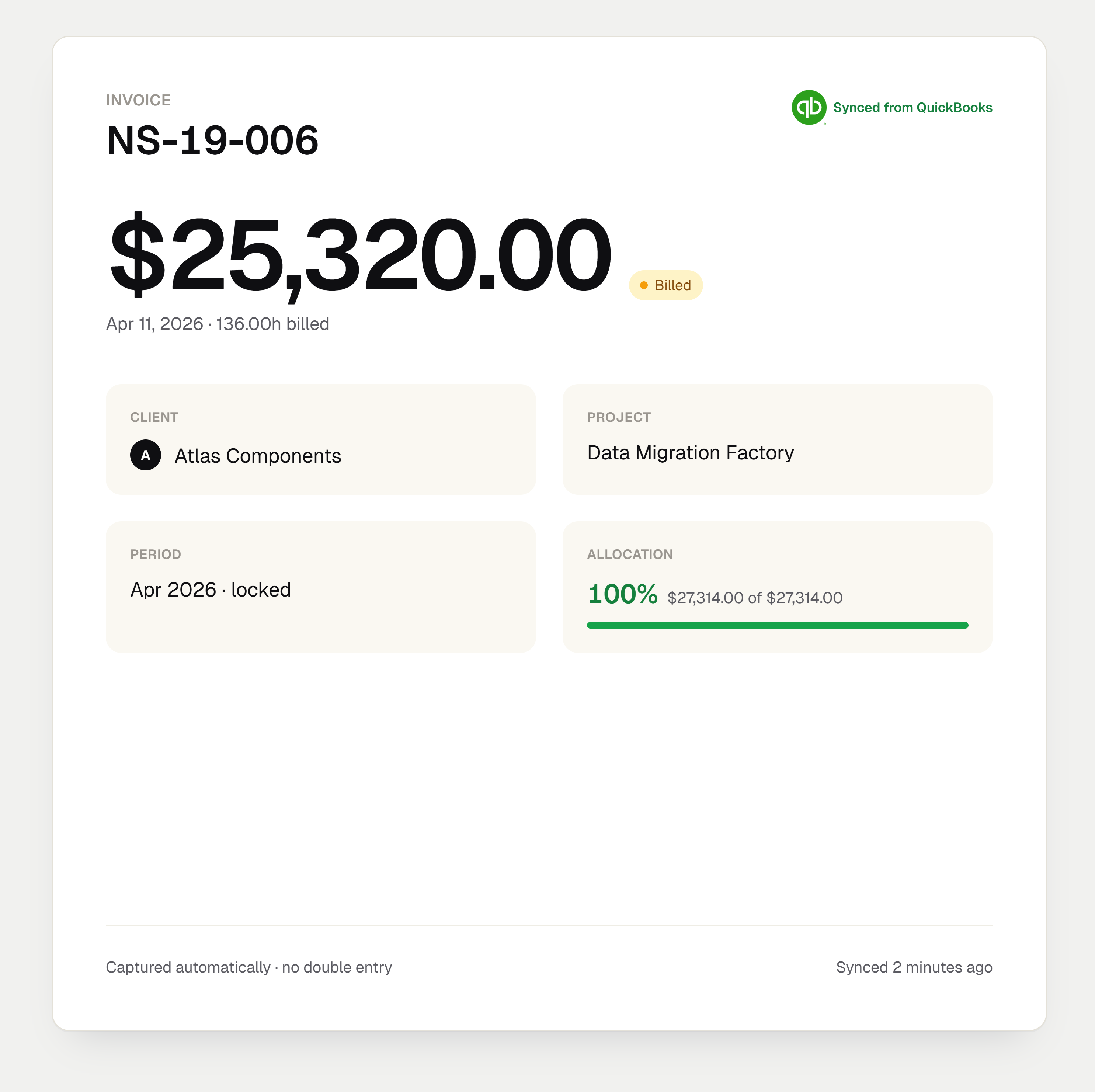 QuickBooks invoice synced into Octayne project revenue with line items and amounts mapped to the right engagement