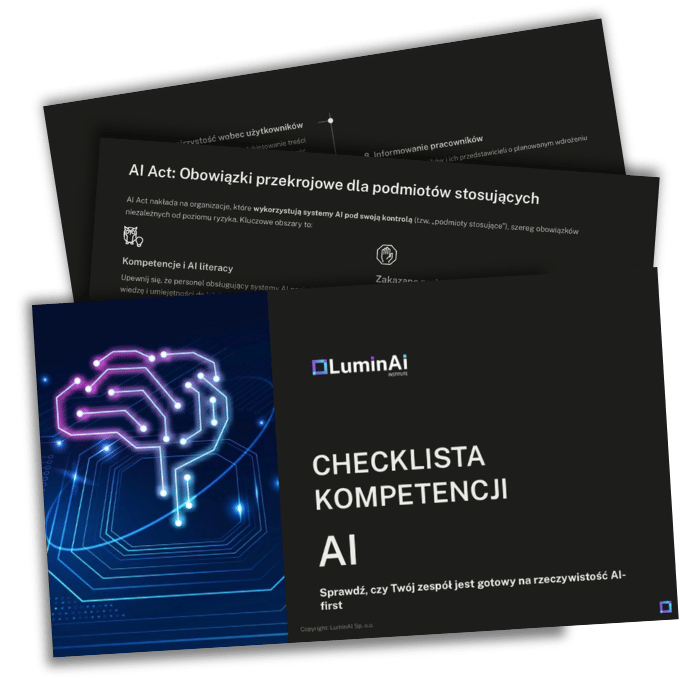 Lista kontrolna kompetencji AI od Lumin AI z ilustracją stylizowanego mózgu z połączonymi ścieżkami cyfrowymi i tekstem 'Sprawdź, czy Twój zespół jest gotowy na rzeczywistość AI-first'.