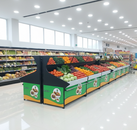 Island F&V Racks with Mirror Integration for Optical Illusion