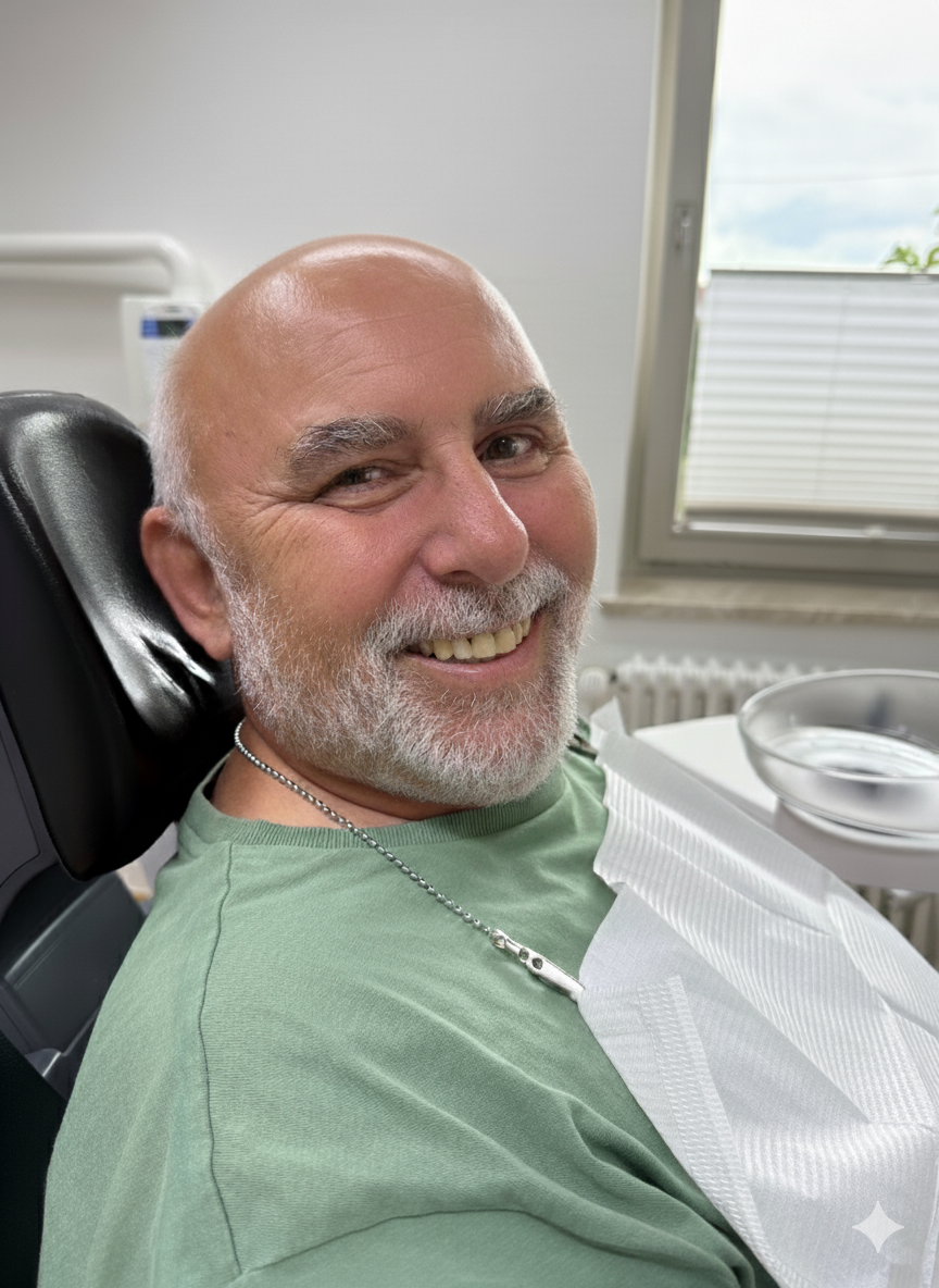 Smiling bald man with gray beard sitting in a dental chair wearing a green shirt and a dental bib.