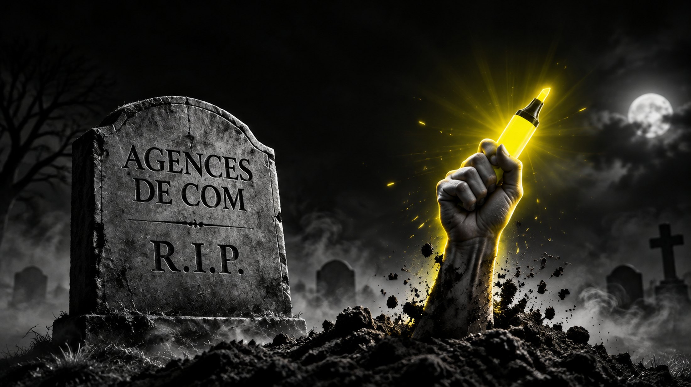 Pierre tombale « Agences de com R.I.P. » d'où surgit une main brandissant un surligneur jaune lumineux