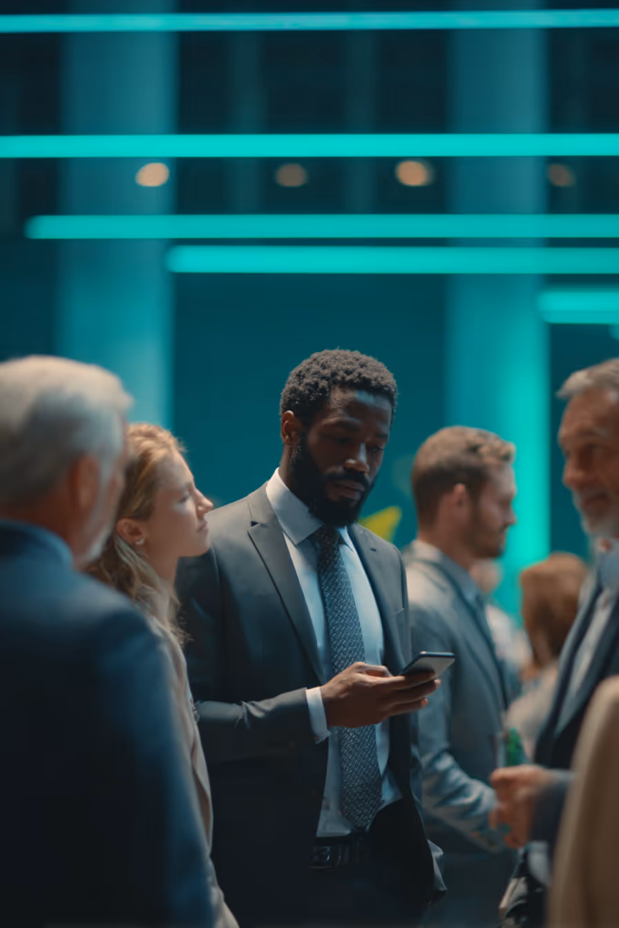 Well-dressed group of professionals conversing at a networking event with teal lighting, one man checking his phone.