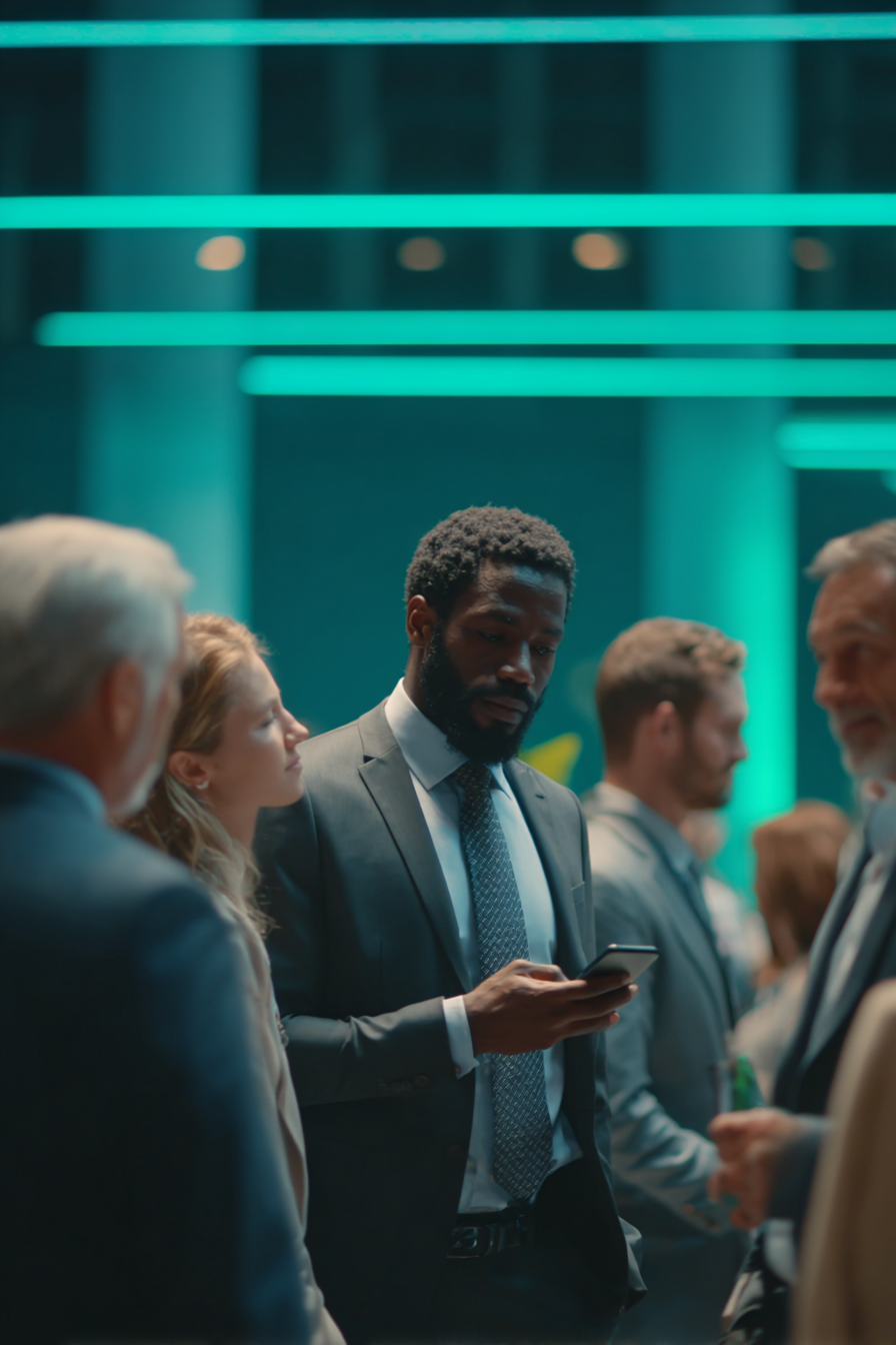 Well-dressed group of professionals conversing at a networking event with teal lighting, one man checking his phone.