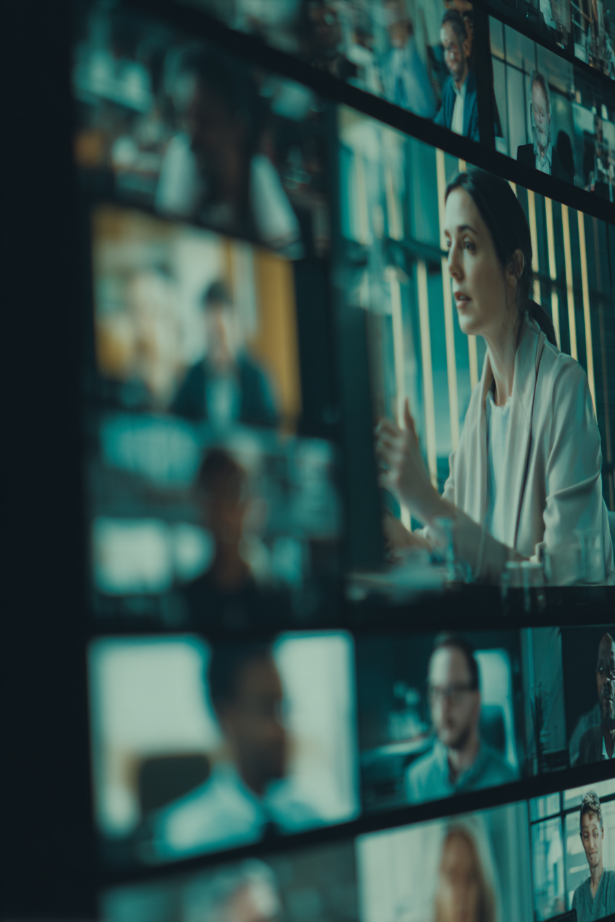 Woman speaking during a virtual video conference with multiple participants displayed on a grid screen.
