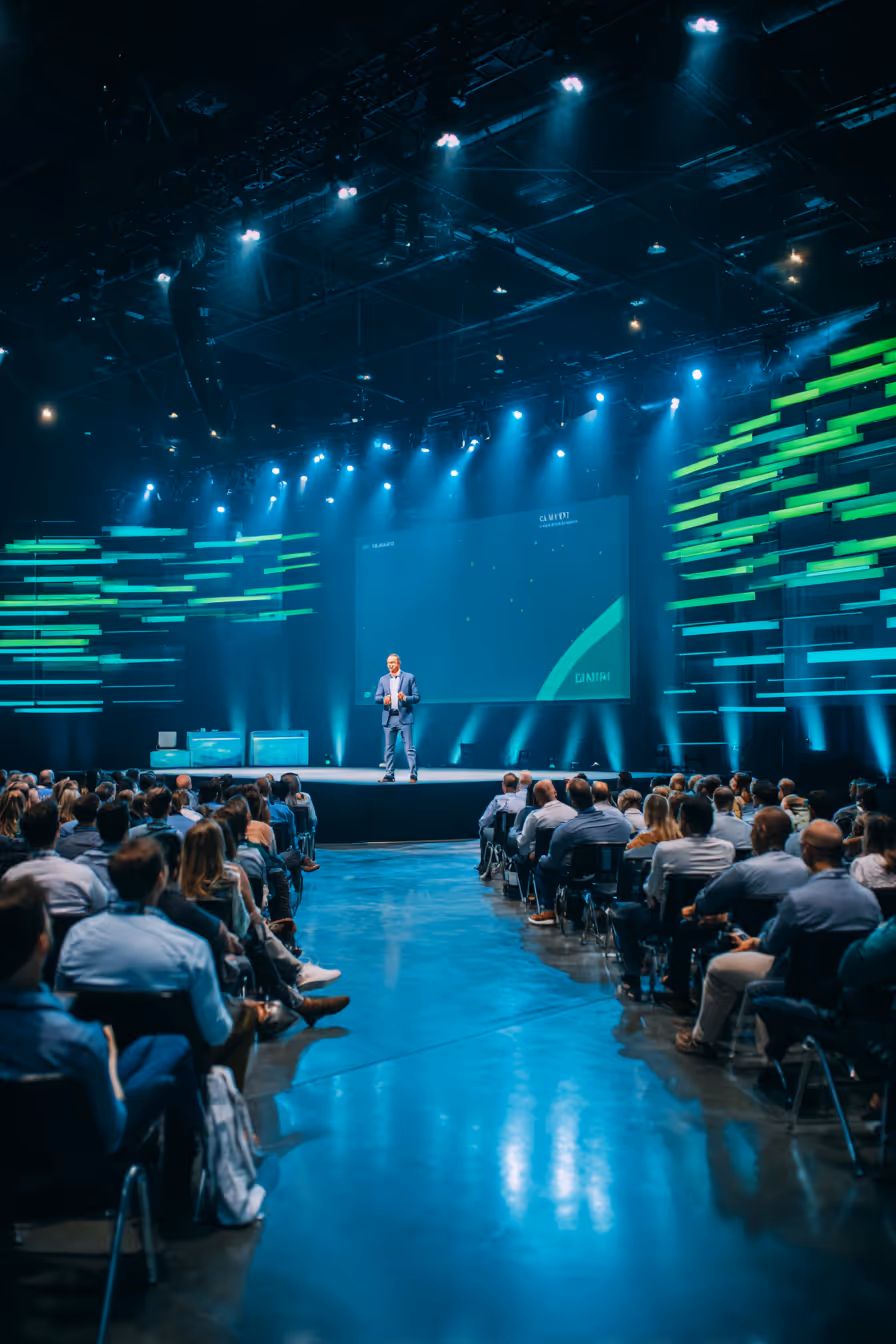 Business professional giving a presentation on stage to a seated audience in a large conference hall with blue and green lighting.