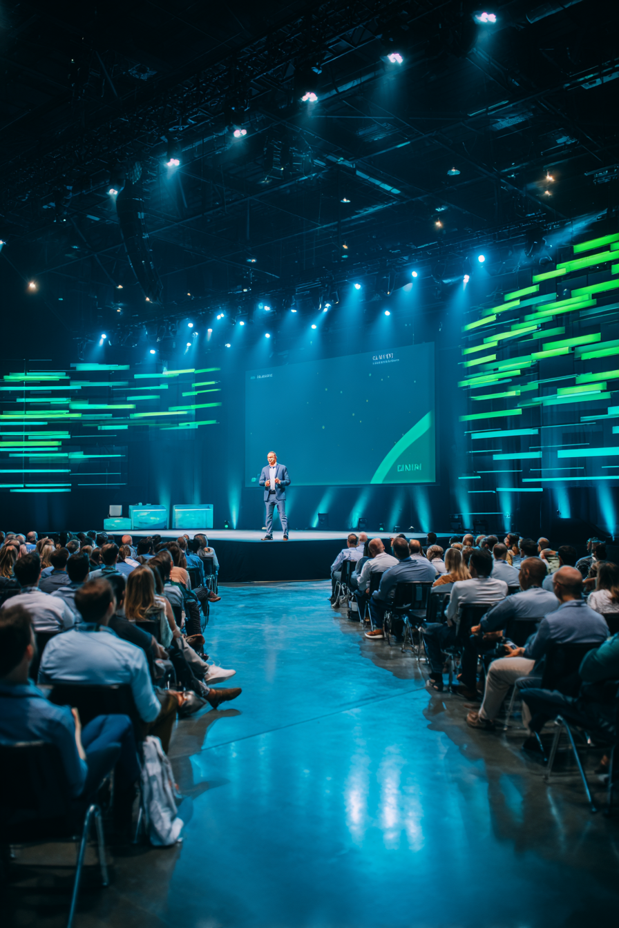 Business professional giving a presentation on stage to a seated audience in a large conference hall with blue and green lighting.