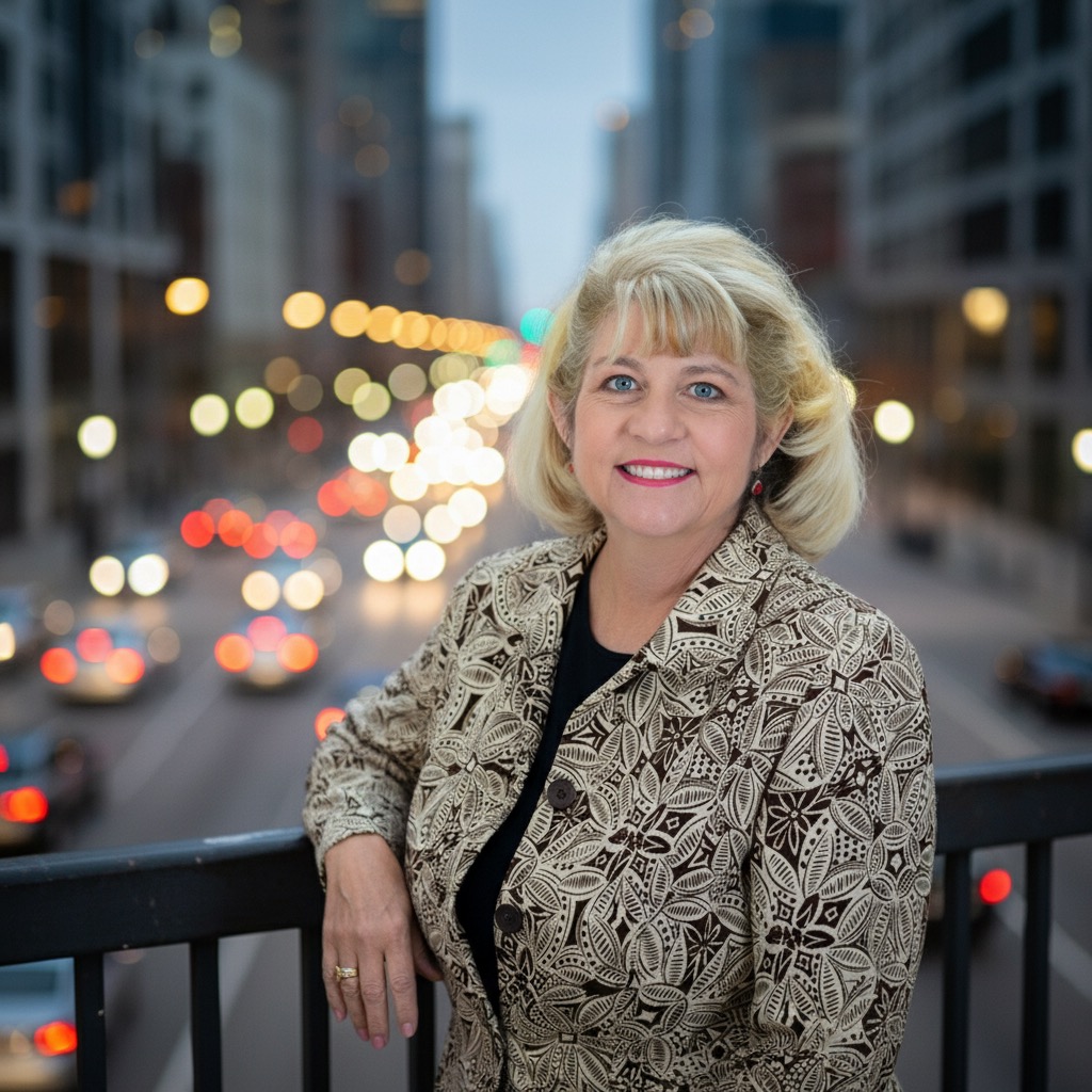 Smiling middle-aged woman with blonde hair wearing a patterned jacket, leaning on a railing with a blurred city street and lights in the background.
