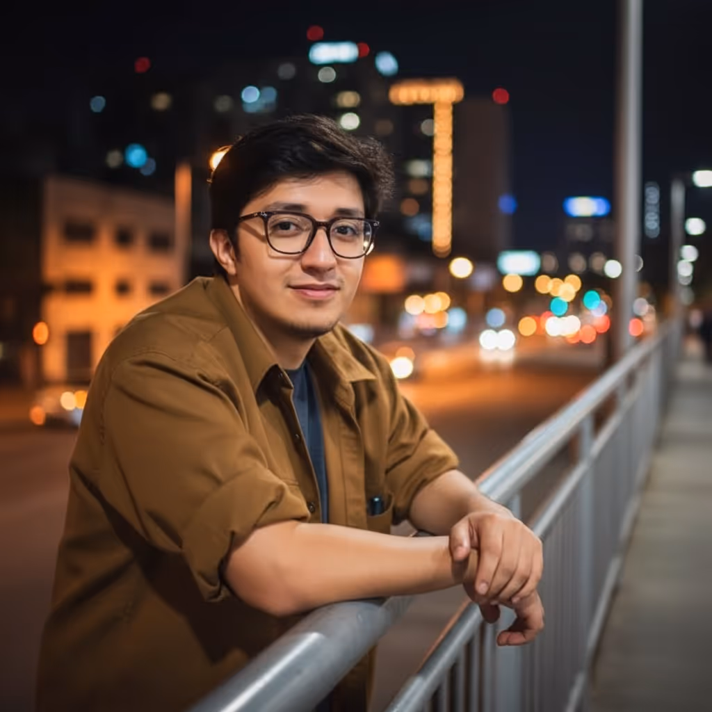 Young man with glasses wearing a brown jacket leaning on a railing at night with city lights blurred in the background.