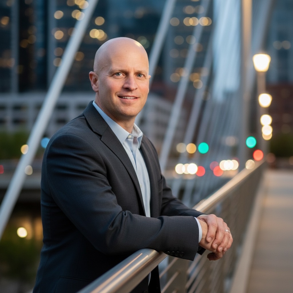 Smiling bald man in a dark suit leaning on a bridge railing with blurred city lights in the background at dusk.