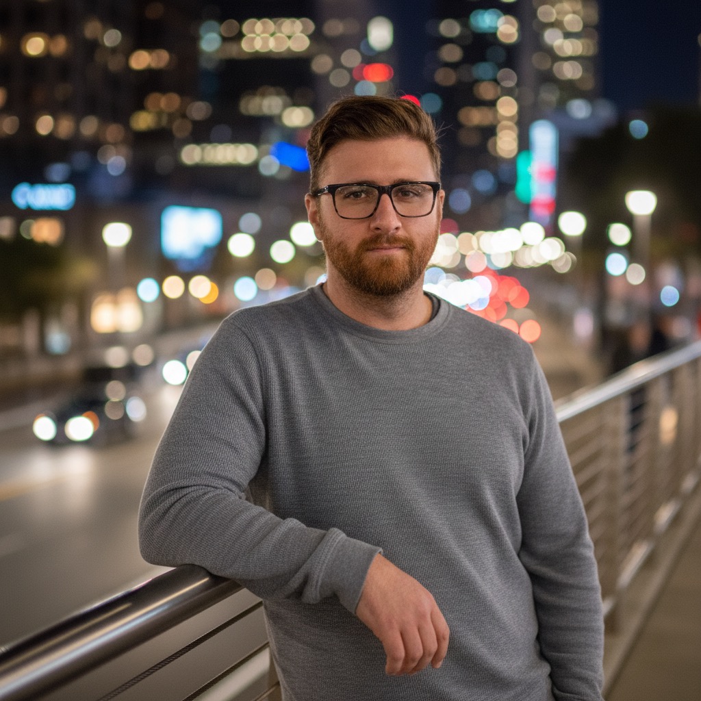 Man with glasses and beard leaning on railing at night with blurred city lights in background.