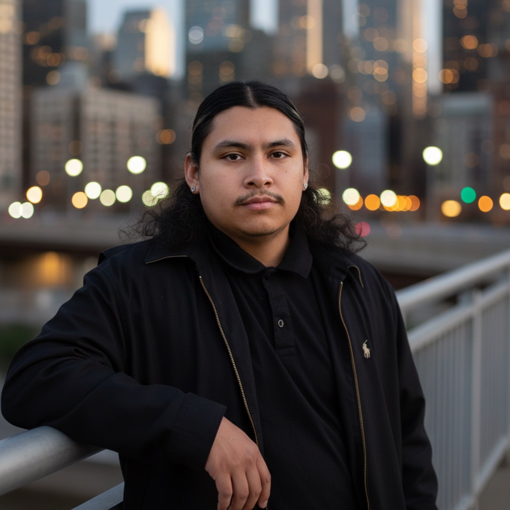 Man with long dark hair and mustache wearing a black jacket and polo shirt, leaning on a railing with a blurred cityscape background at dusk.