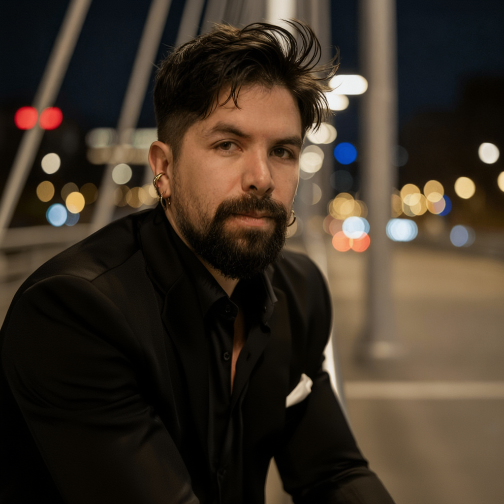 Bearded man with dark hair and multiple earrings wearing a black suit jacket, sitting on a bridge at night with blurred city lights in the background.