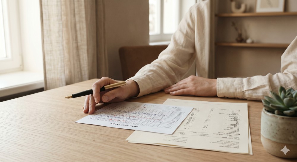 Frau analysiert Menstruationszyklus und hormonelle Gesundheit