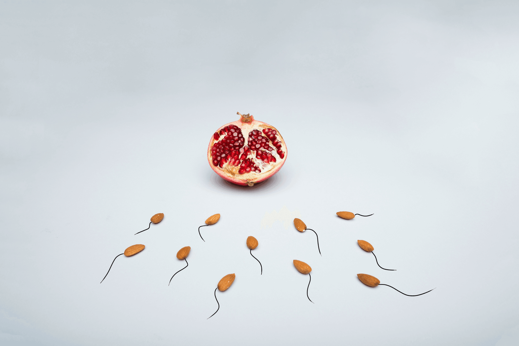 A sliced pomegranate and almonds on a grey background, symbolizing sexual health and vitality