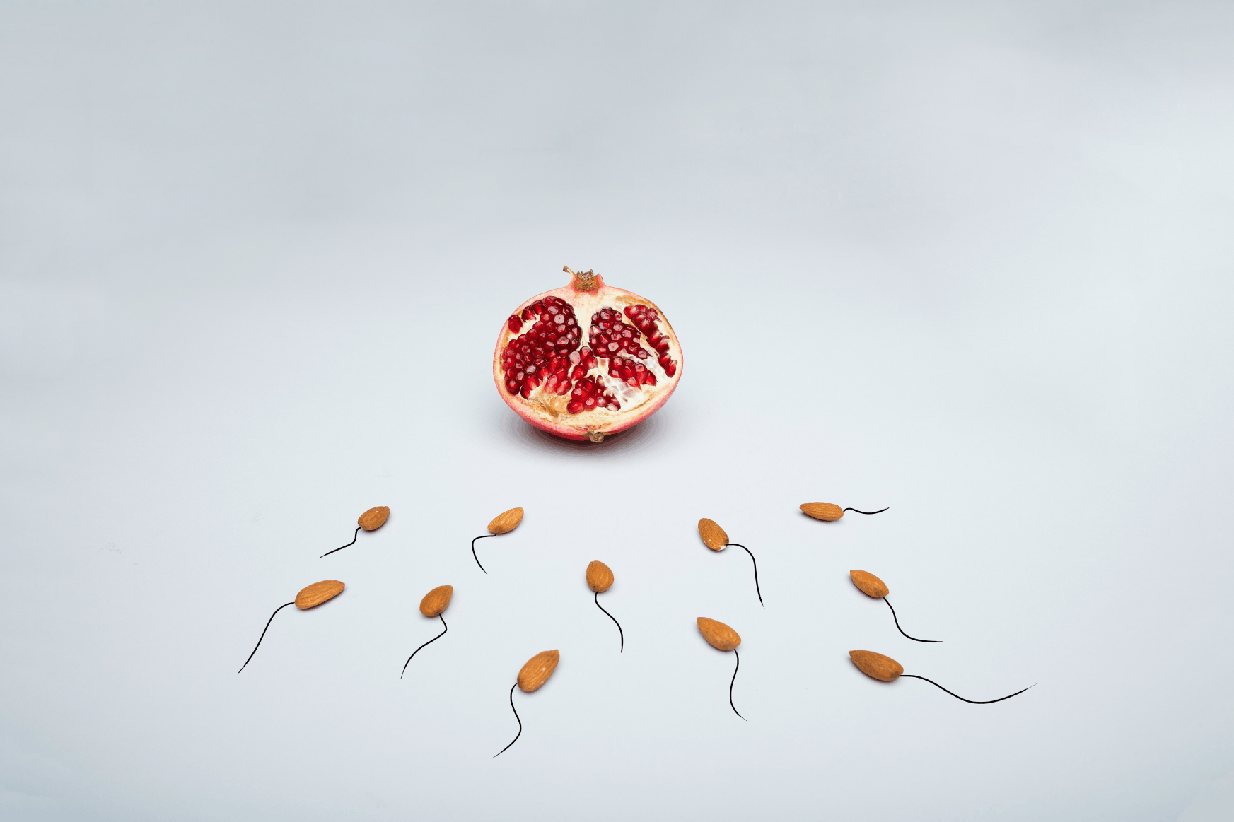 Ein aufgeschnittener Granatapfel und Mandeln vor grauem Hintergrund, die sexuelle Gesundheit und Vitalität symbolisieren.