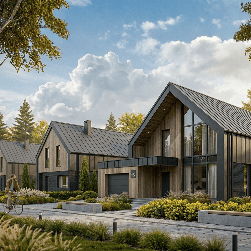 Projekt indywidualny osiedla domów jednorodzinnych w stylu stodoły - kompleksowe rozwiązania architektoniczne dla inwestycji deweloperskich BRJ-Studio