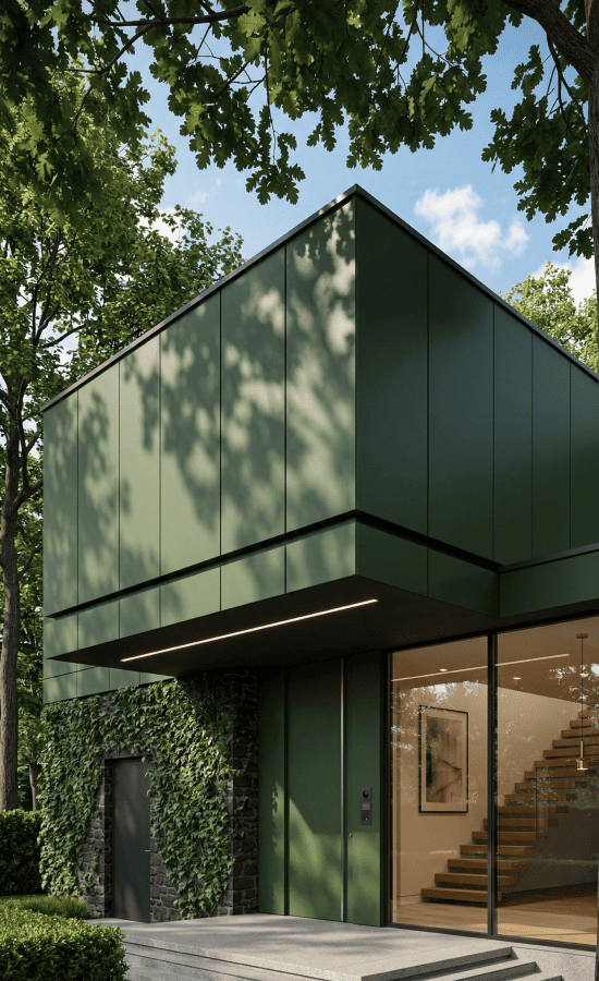 Wizualizacja architektoniczna nowoczesnego domu kubicznego z zieloną elewacją i przeszkleniem - BRJ-Studio