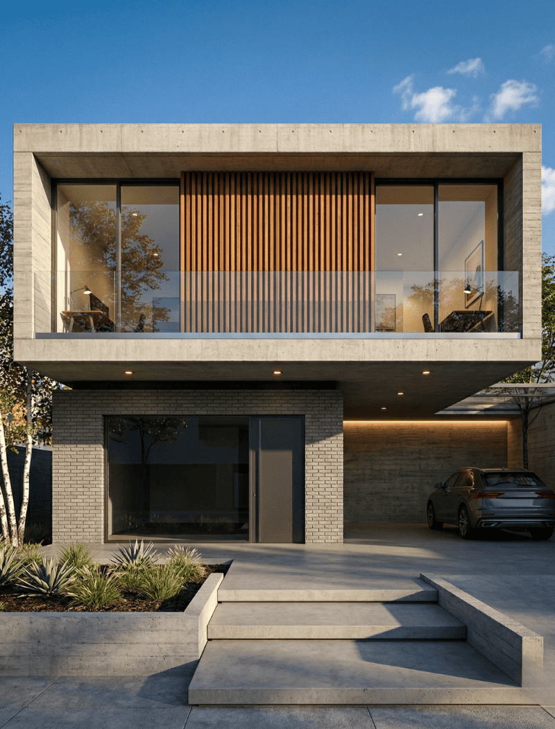 Wizualizacja 3D domu piętrowego z elewacją beton i cegła - nowoczesny render architektoniczny z garażem, BRJ-Studio