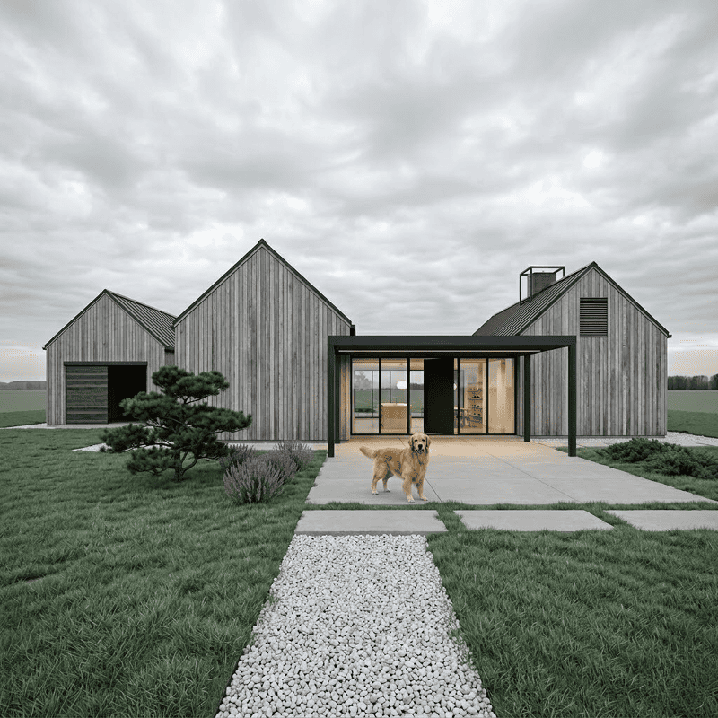 Wizualizacja 3D domu jednorodzinnego w stylu skandynawskim z szarą elewacją drewnianą - realistyczny render architektoniczny BRJ-Studio