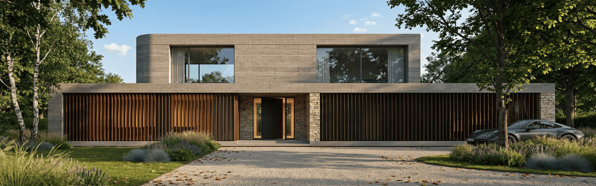 Nasze podejście do wizualizacji 3D - realistyczny render luksusowego domu piętrowego z elewacją beton i drewniane lamele, BRJ-Studio