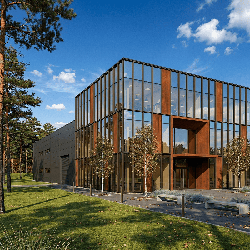 Technologia BIM dla dewelopera - model inwestycji budynku biurowego z elewacją corten i przeszkleniem, BRJ-Studio